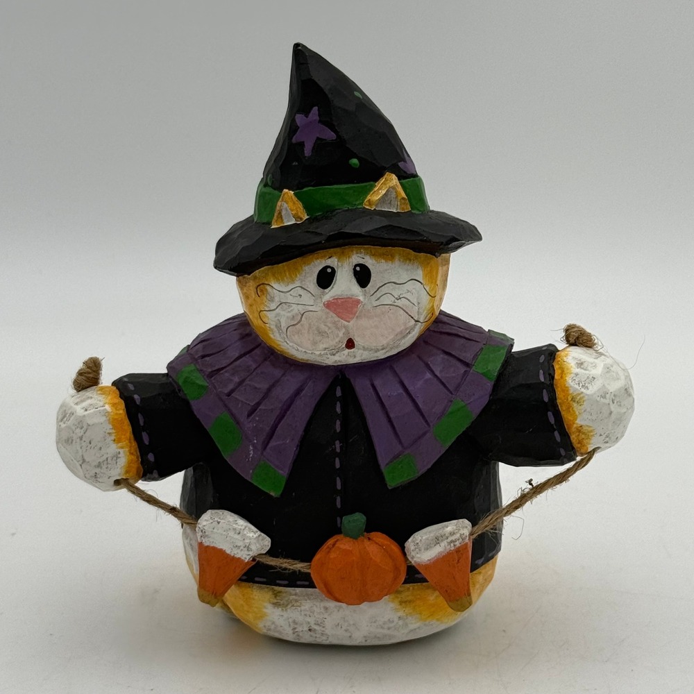 Eddie Folk Art Halloween Witch Cat Figurine Hand Painted Resin Candy Corn 5.5"